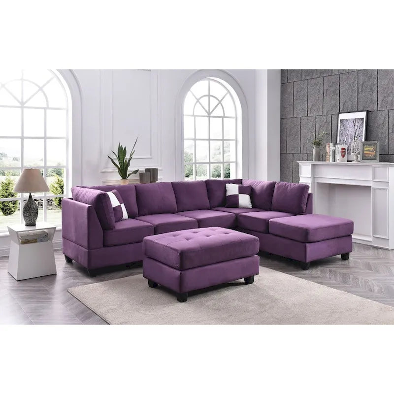 Canapé sectionnel réversible en micro-suède 4 places avec coussins décoratifs - 111 - Violet