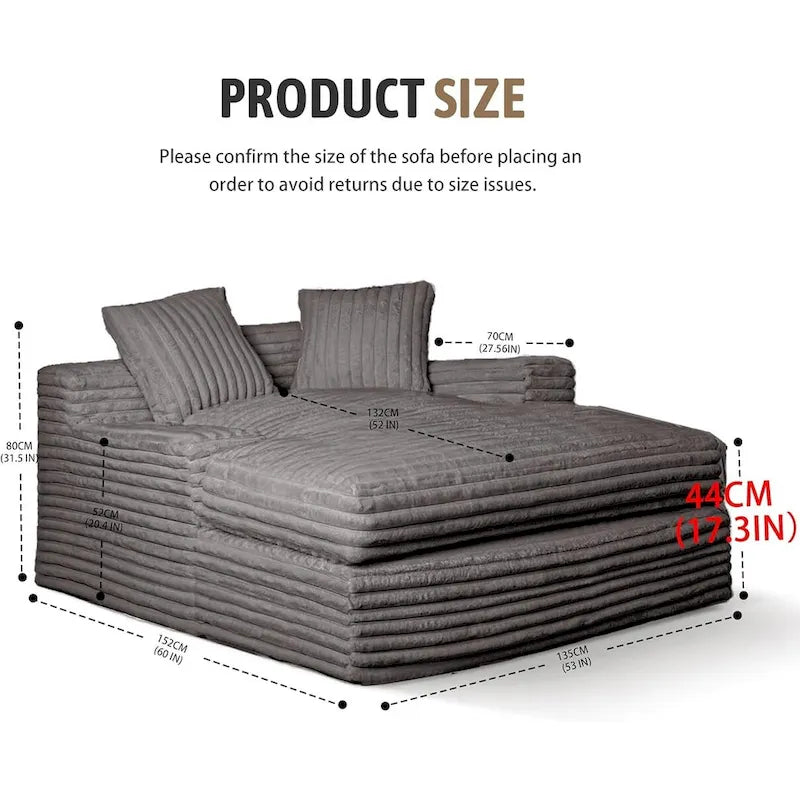 WOWMAX 60 Pouf/chaise longue, Canapé-lit/chaise longue surdimensionné en peluche douce avec 2 coussins de canapé