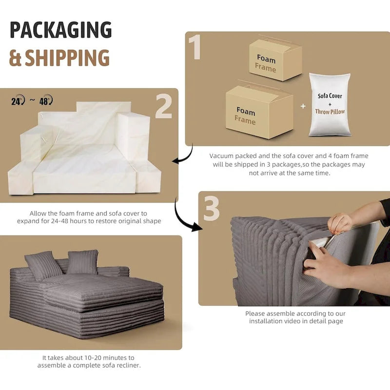 WOWMAX 60 Pouf/chaise longue, Canapé-lit/chaise longue surdimensionné en peluche douce avec 2 coussins de canapé