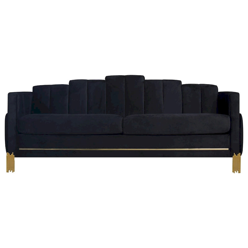 Canapé Theo, Velours noir, Lumières LED bleues, Pieds en métal doré, 210 cm