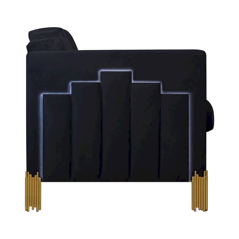 Canapé Theo, Velours noir, Lumières LED bleues, Pieds en métal doré, 210 cm