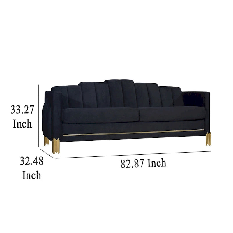 Canapé Theo, Velours noir, Lumières LED bleues, Pieds en métal doré, 210 cm