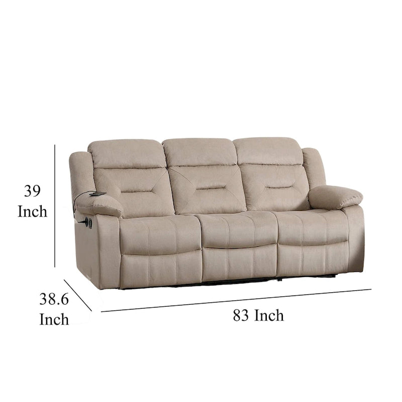Canapé relax manuel Niko, Velours beige pelucheux, Bois massif, 211 cm