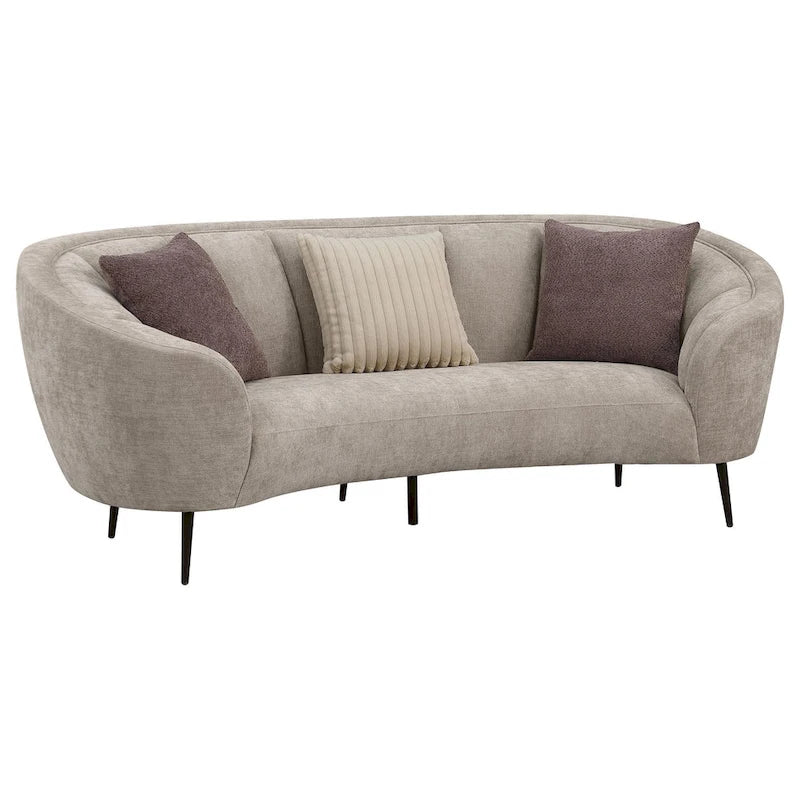 Canapé incurvé Zui, 92 pouces, tissu beige, design rond, 3 coussins décoratifs