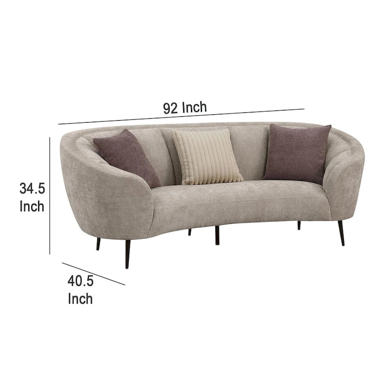 Canapé incurvé Zui, 92 pouces, tissu beige, design rond, 3 coussins décoratifs