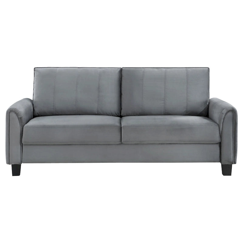 Canapé Dave, tissu gris, accoudoirs arrondis, pieds coniques noirs, 203 cm