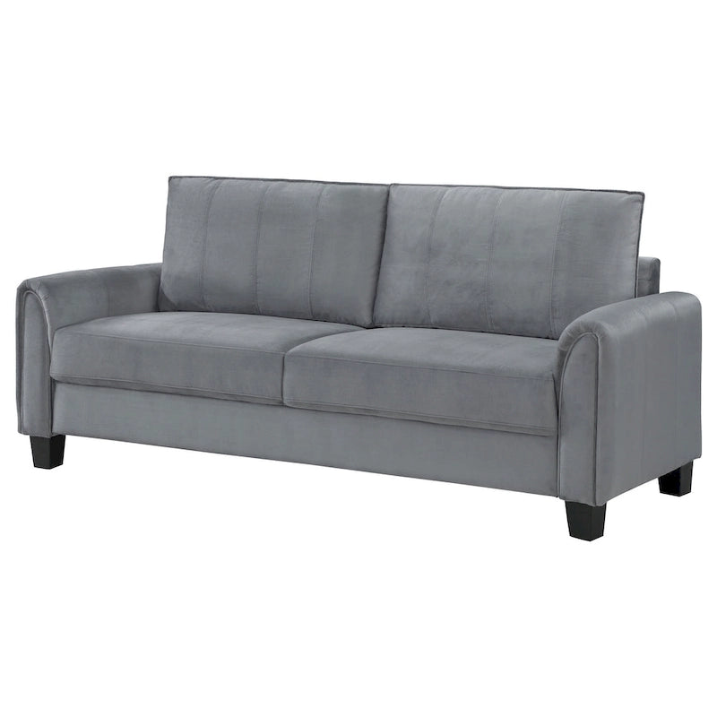 Canapé Dave, tissu gris, accoudoirs arrondis, pieds coniques noirs, 203 cm