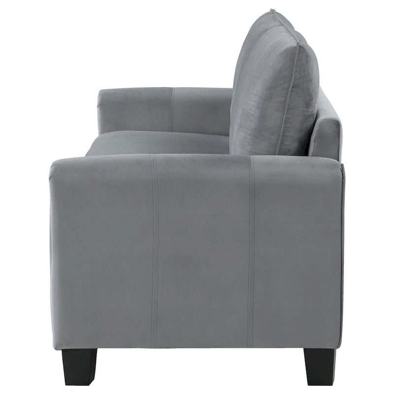 Canapé Dave, tissu gris, accoudoirs arrondis, pieds coniques noirs, 203 cm
