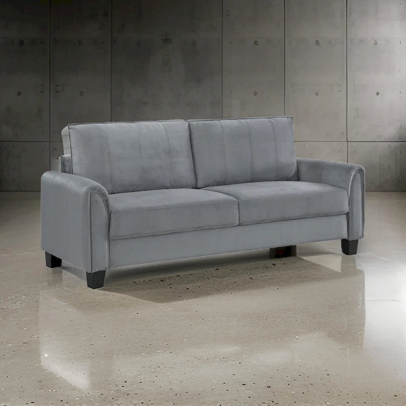 Canapé Dave, tissu gris, accoudoirs arrondis, pieds coniques noirs, 203 cm