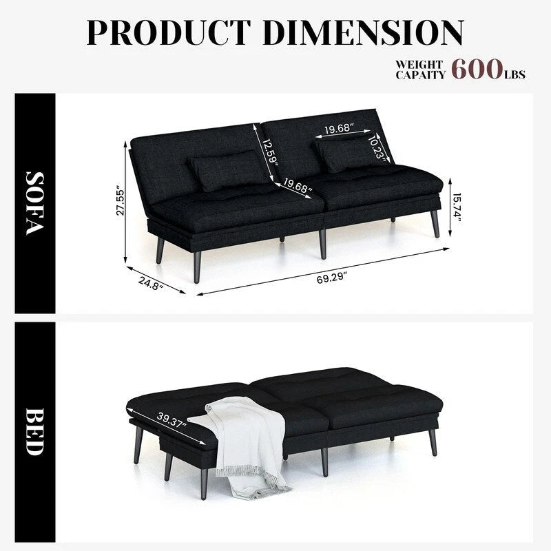 Canapé-lit convertible Grondin, dossier réglable sur 5 positions avec 2 oreillers, méridienne inclinable de style moderne