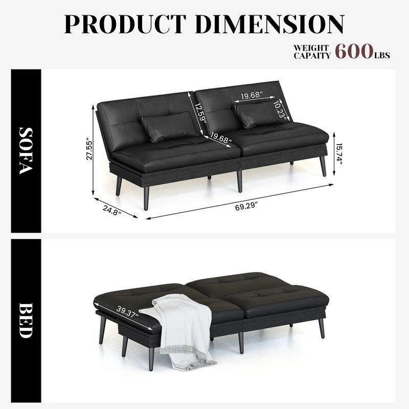 Canapé-lit convertible Grondin, dossier réglable sur 5 positions avec 2 oreillers, méridienne inclinable de style moderne