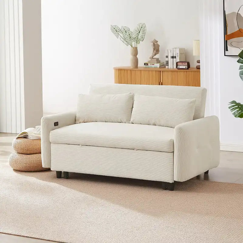 Canapé-lit convertible 2 places Roomfitters avec coussins décoratifs et ports USB, canapé-lit moderne, beige