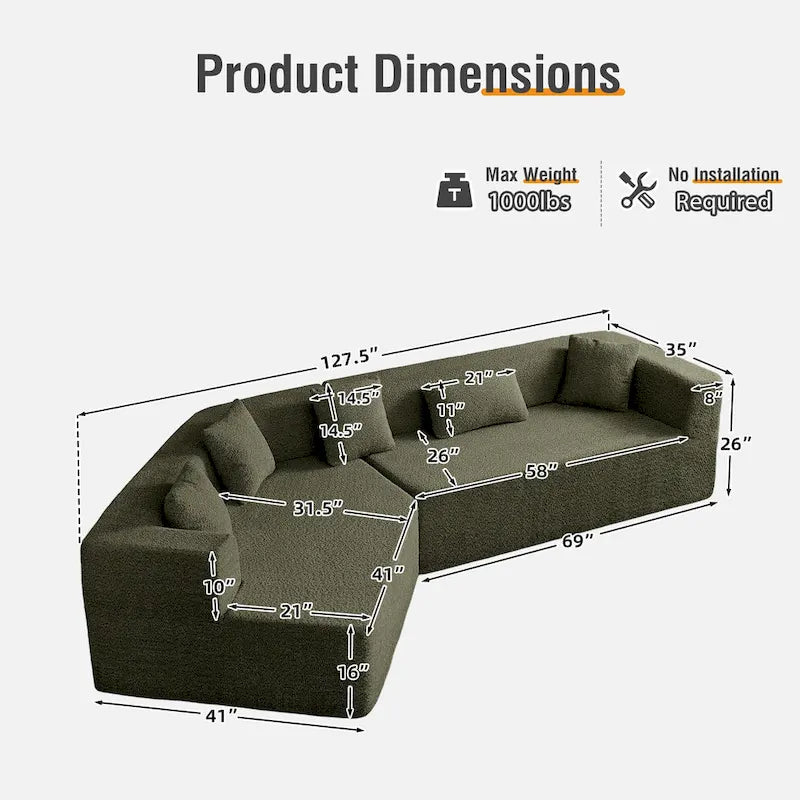 Canapé modulable surdimensionné minimaliste confortable en polyester 127,5, livré compressé