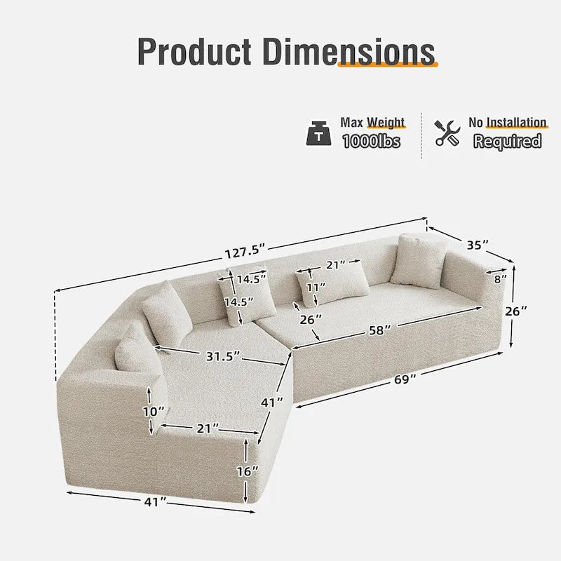 Canapé modulable surdimensionné minimaliste confortable en polyester 127,5, livré compressé