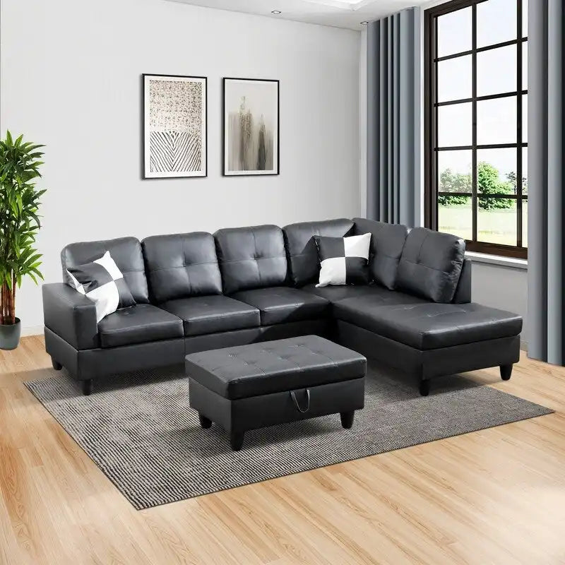 Ensemble de canapés 3 pièces en similicuir noir, Élégance moderne pour votre salon