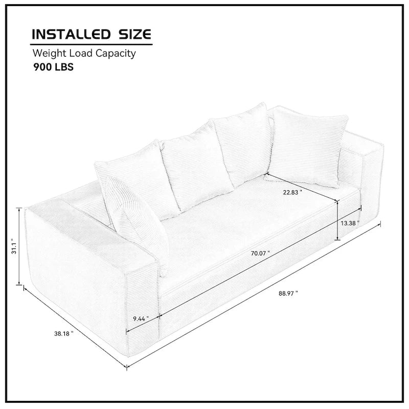Canapé modulable 3 places en velours côtelé 88,97 avec 5 coussins et design spacieux