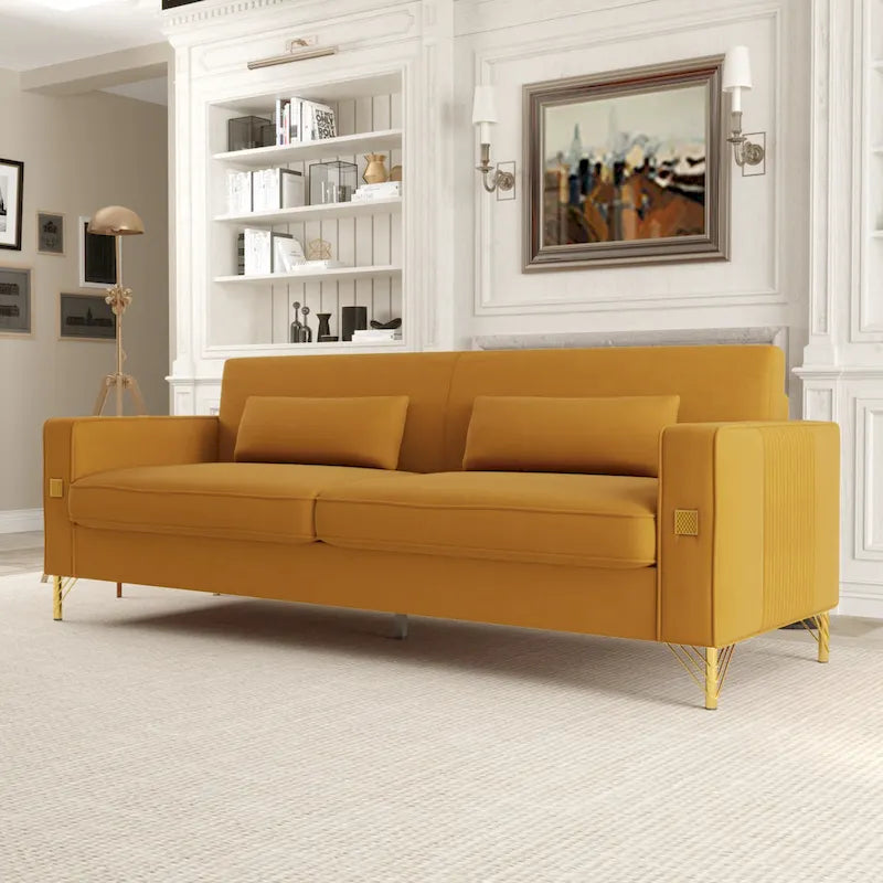Canapé moderne 3 places en velours 85,63 avec accents dorés et coussins moelleux pour salon