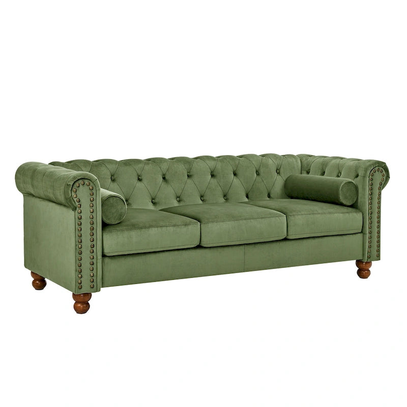 Canapé Chesterfield en Velours Vert 74,5 avec capitonnage, accoudoirs arrondis, pieds tournés et design élégant
