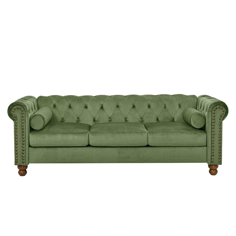 Canapé Chesterfield en Velours Vert 74,5 avec capitonnage, accoudoirs arrondis, pieds tournés et design élégant