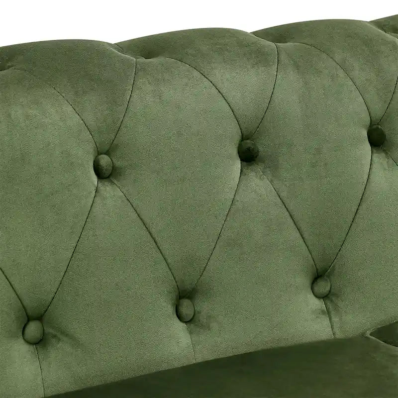 Canapé Chesterfield en Velours Vert 74,5 avec capitonnage, accoudoirs arrondis, pieds tournés et design élégant