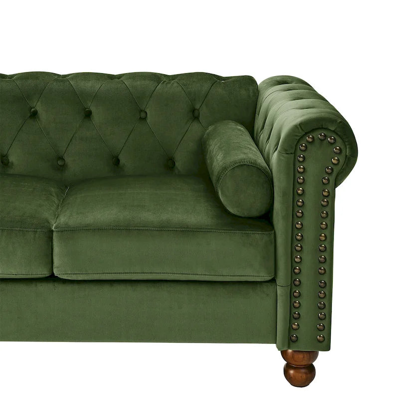 Canapé Chesterfield en Velours Vert 74,5 avec capitonnage, accoudoirs arrondis, pieds tournés et design élégant