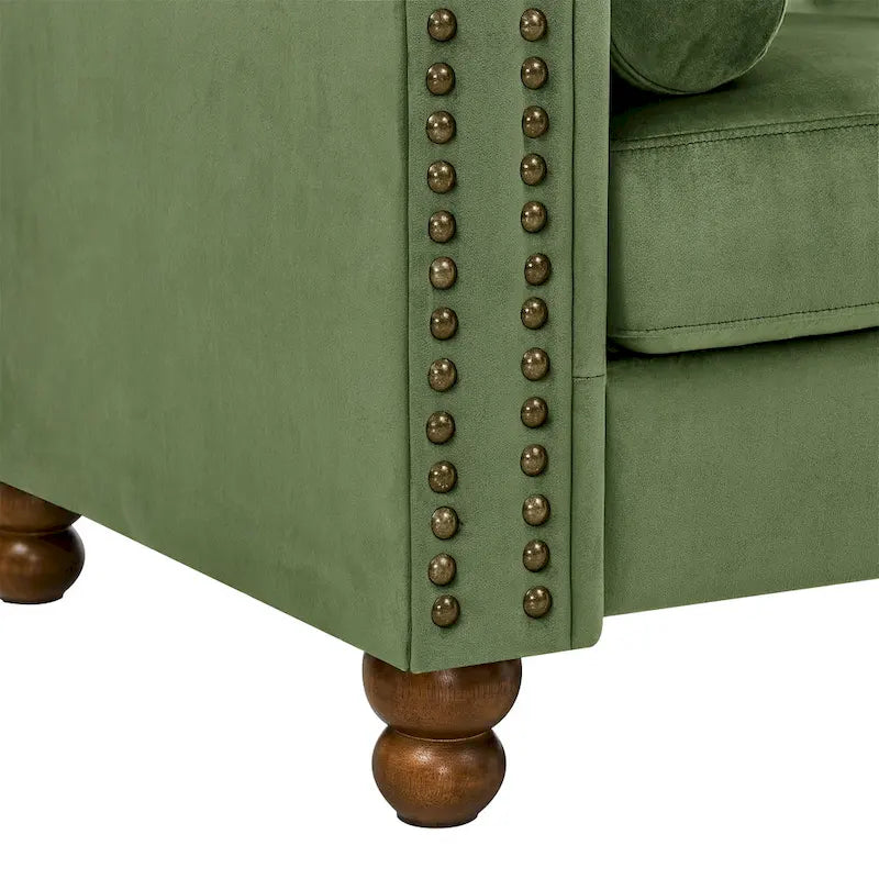 Canapé Chesterfield en Velours Vert 74,5 avec capitonnage, accoudoirs arrondis, pieds tournés et design élégant