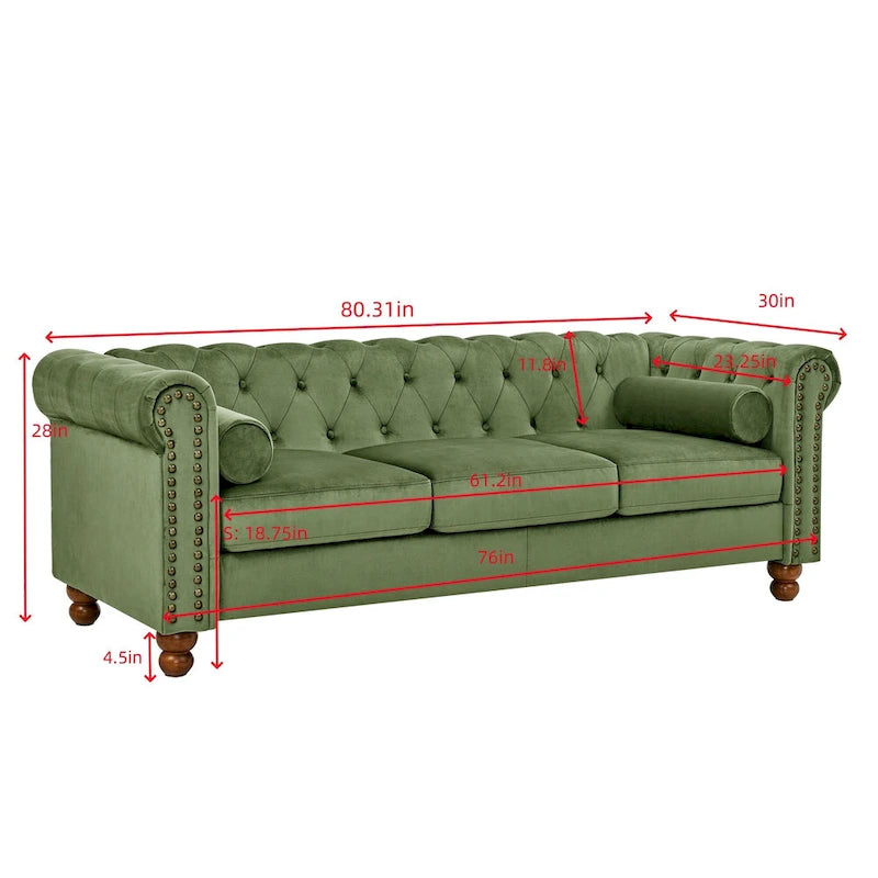 Canapé Chesterfield en Velours Vert 74,5 avec capitonnage, accoudoirs arrondis, pieds tournés et design élégant