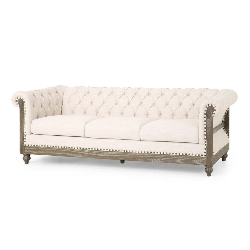 Canapé 3 places chesterfield capitonné beige avec pieds en bois