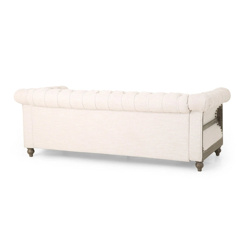 Canapé 3 places chesterfield capitonné beige avec pieds en bois