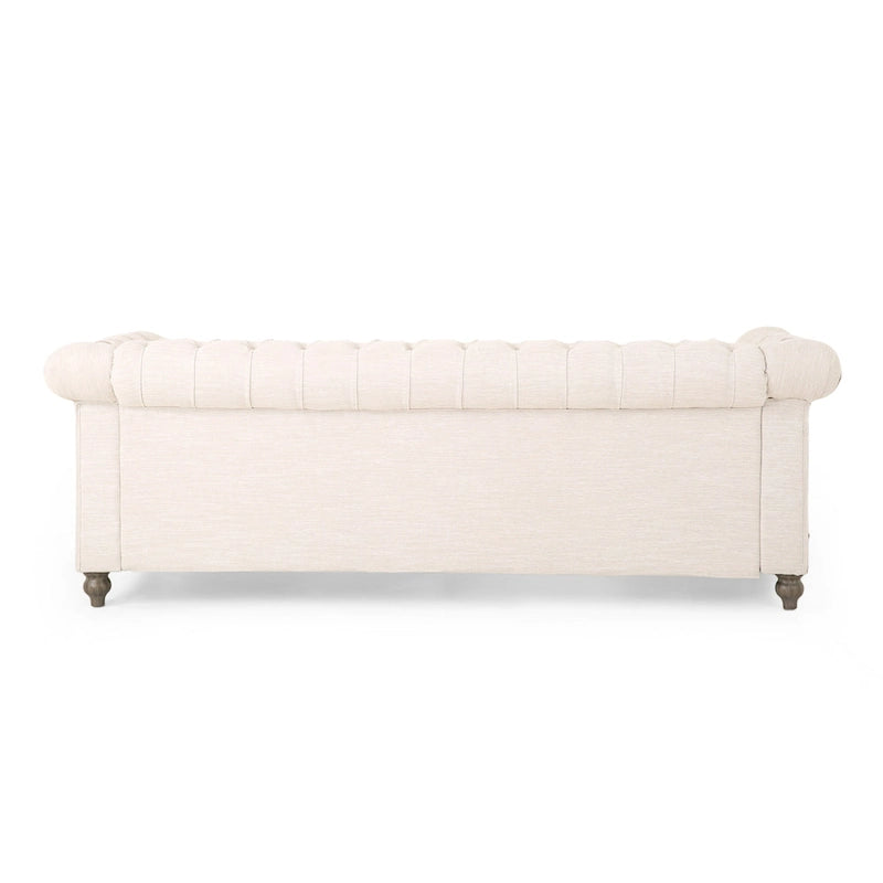 Canapé 3 places chesterfield capitonné beige avec pieds en bois