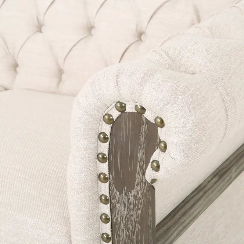 Canapé 3 places chesterfield capitonné beige avec pieds en bois