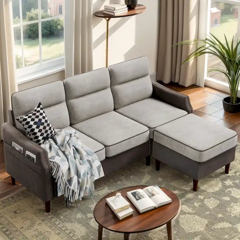 Canapé d'angle en forme de L Futzca 78 avec pouf et sac de rangement latéral