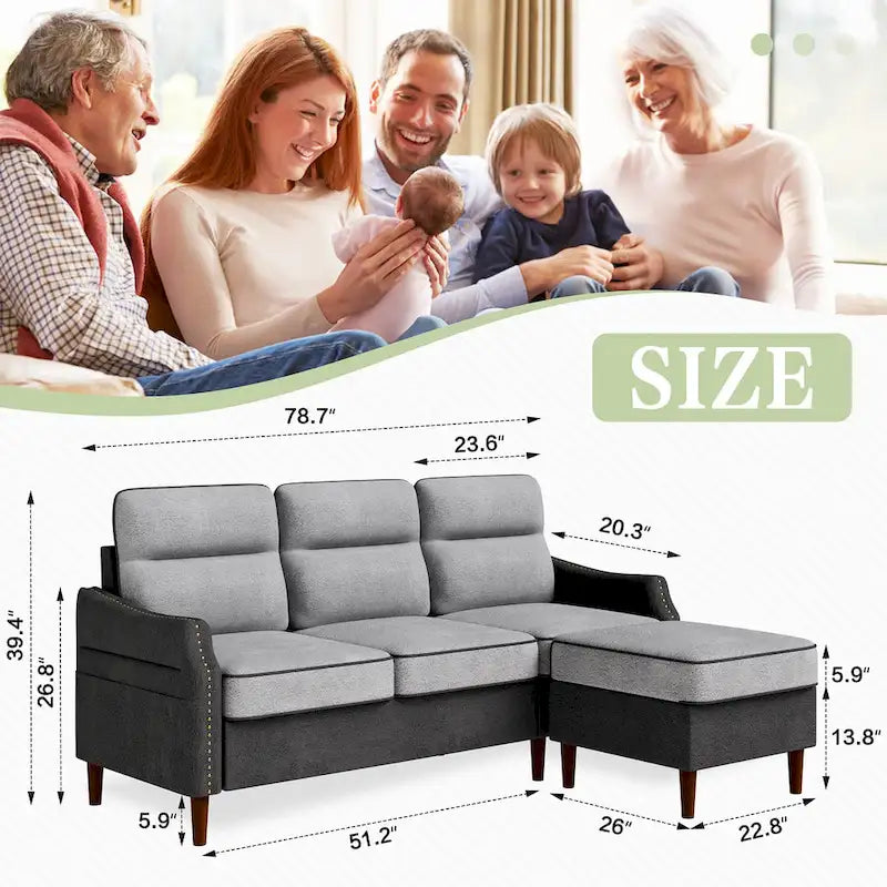 Canapé d'angle en forme de L Futzca 78 avec pouf et sac de rangement latéral