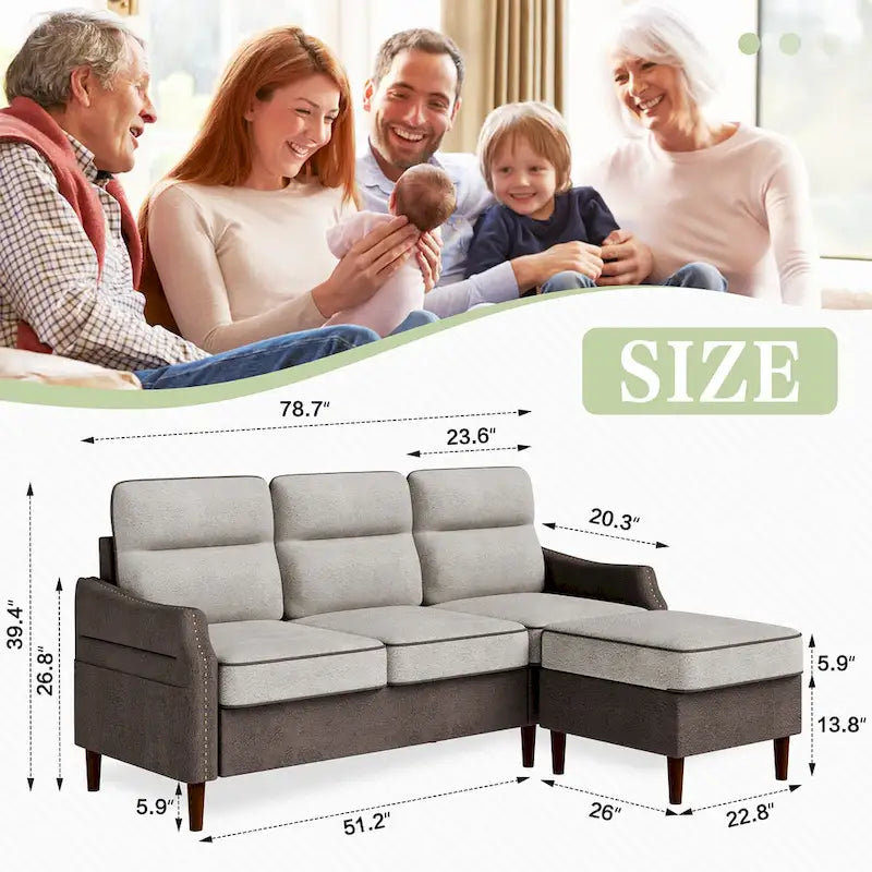 Canapé d'angle en forme de L Futzca 78 avec pouf et sac de rangement latéral