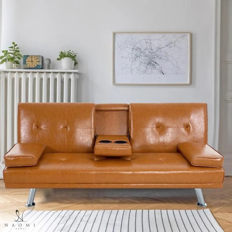 Collection ultime de canapés futons : Canapé futon avec accoudoirs et porte-gobelets, Canapé capitonné avec pieds en bois