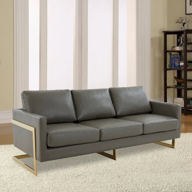 Canapé en cuir rembourré moderne LeisureMod Lincoln avec cadre doré - 83