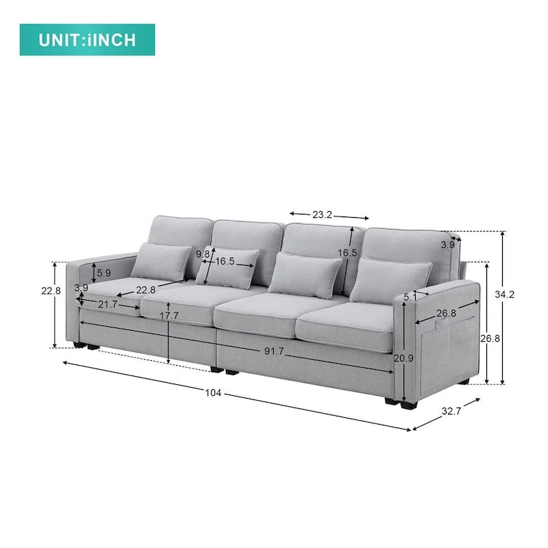 Canapé Merax 104 places 4 places en lin moderne avec pochettes d'accoudoirs et 4 coussins, style minimaliste