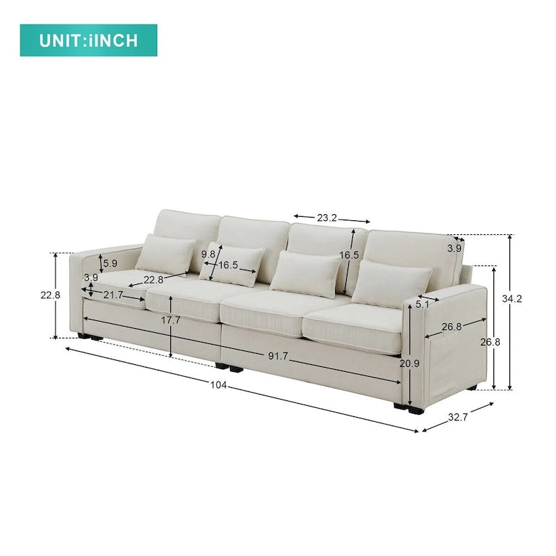 Canapé Merax 104 places 4 places en lin moderne avec pochettes d'accoudoirs et 4 coussins, style minimaliste
