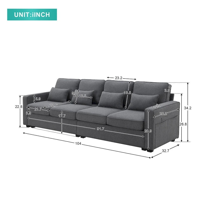 Canapé Merax 104 places 4 places en lin moderne avec pochettes d'accoudoirs et 4 coussins, style minimaliste