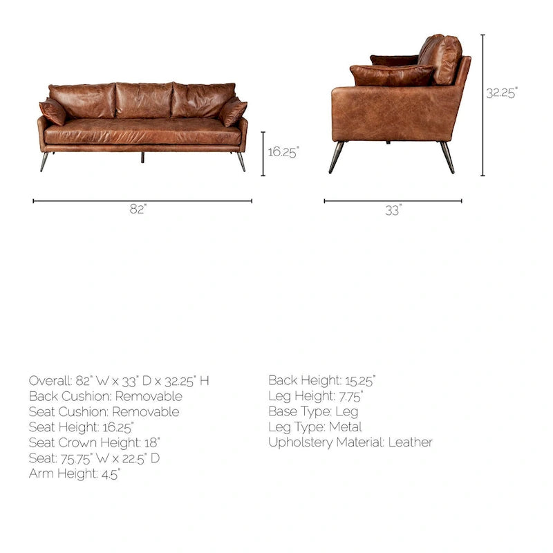 Canapé Cochrane II en cuir véritable marron - 82,0L x 33,0l x 32,3H