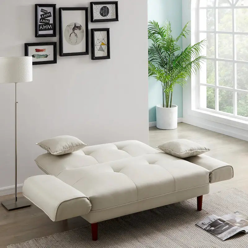 Canapé-lit multifonctionnel avec 2 oreillers en tissu beige