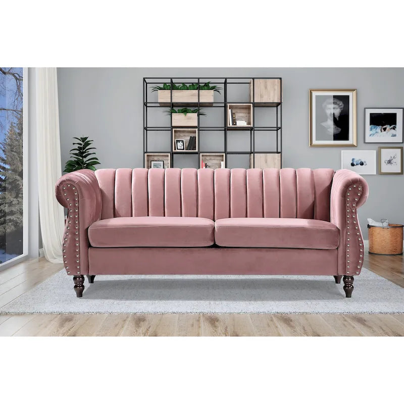 Canapé Charlot Chesterfield en velours avec accoudoirs roulés