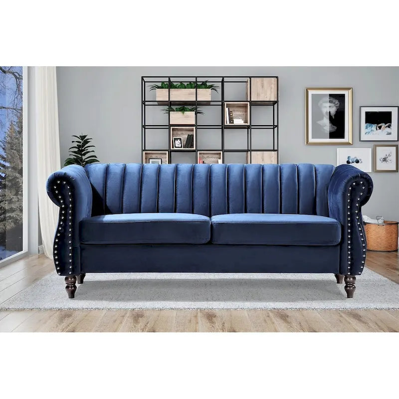 Canapé Charlot Chesterfield en velours avec accoudoirs roulés