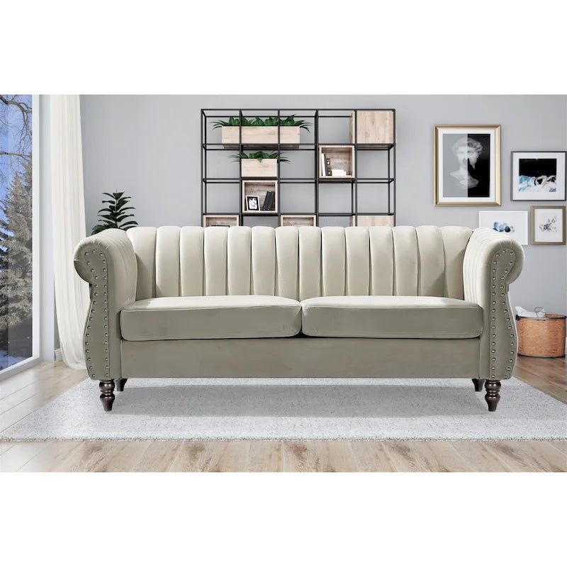 Canapé Charlot Chesterfield en velours avec accoudoirs roulés