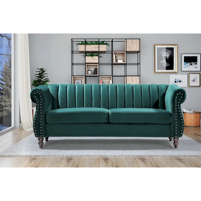 Canapé Charlot Chesterfield en velours avec accoudoirs roulés