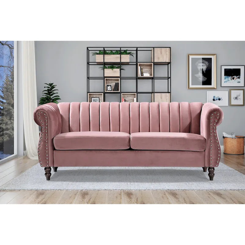 Canapé Charlot Chesterfield en velours avec accoudoirs roulés
