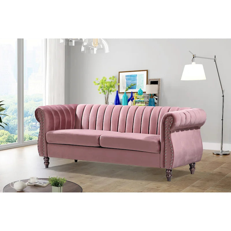 Canapé Charlot Chesterfield en velours avec accoudoirs roulés