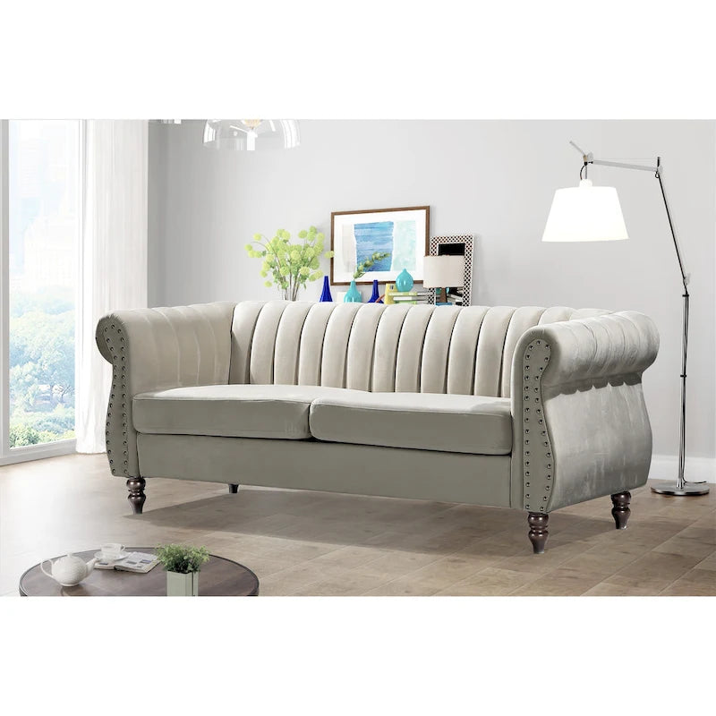 Canapé Charlot Chesterfield en velours avec accoudoirs roulés