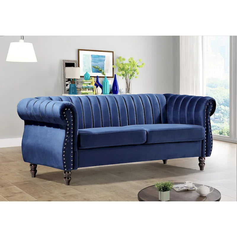 Canapé Charlot Chesterfield en velours avec accoudoirs roulés