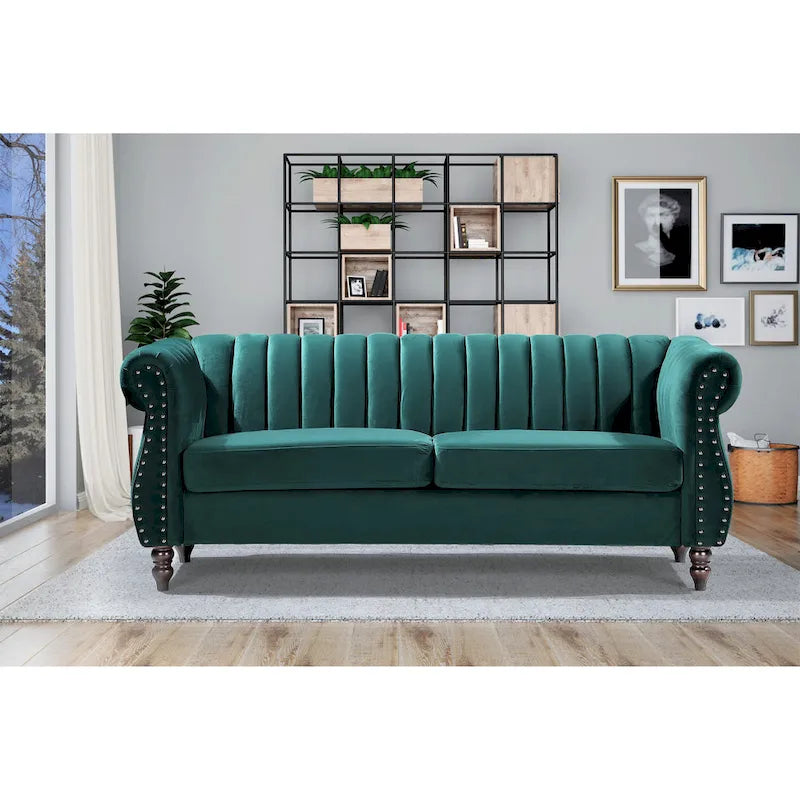 Canapé Charlot Chesterfield en velours avec accoudoirs roulés